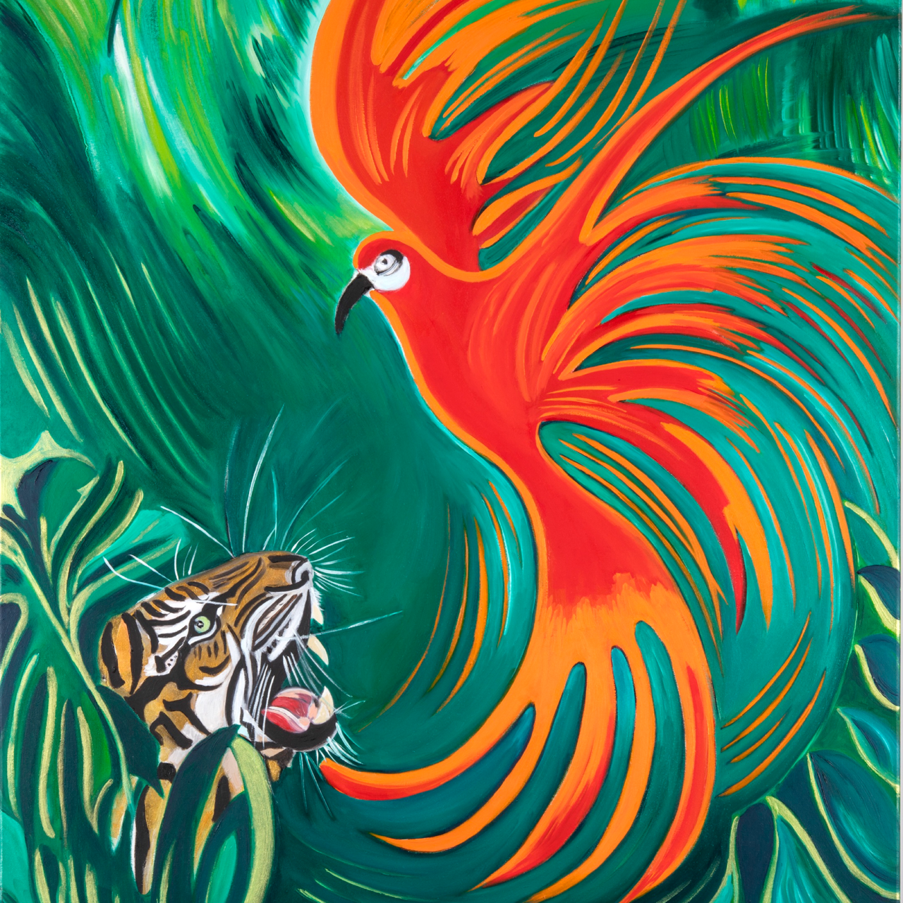 oil on canvas oil painting representing a magnificent bird in red and orange facing a tiger